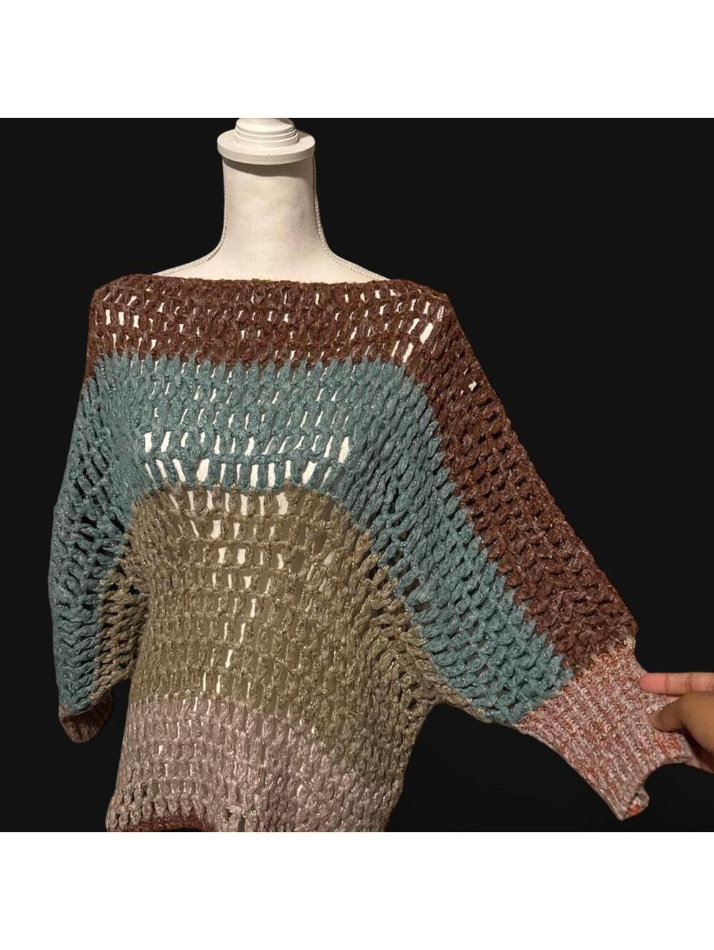 Umgee USA Multicolor Open-Knit Crochet Colorblock Sweater Tunic size 1XL - Picture 2 of 7
